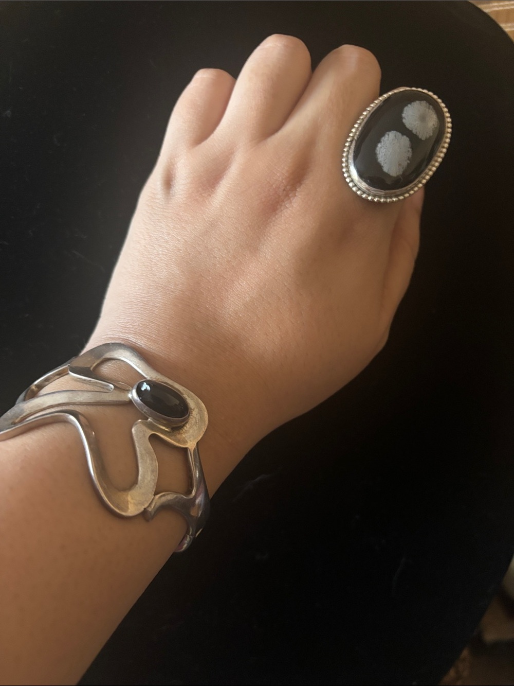 Sterling Silver Black Snowflake Obsidian Oval Statement Ring